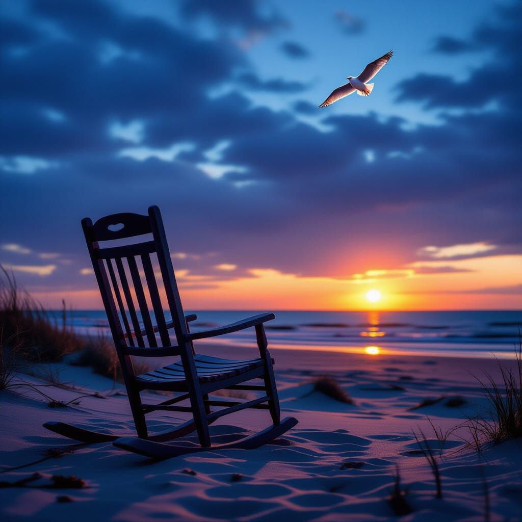 Twilight Beach: Weathered Rocking Chair at Sunset