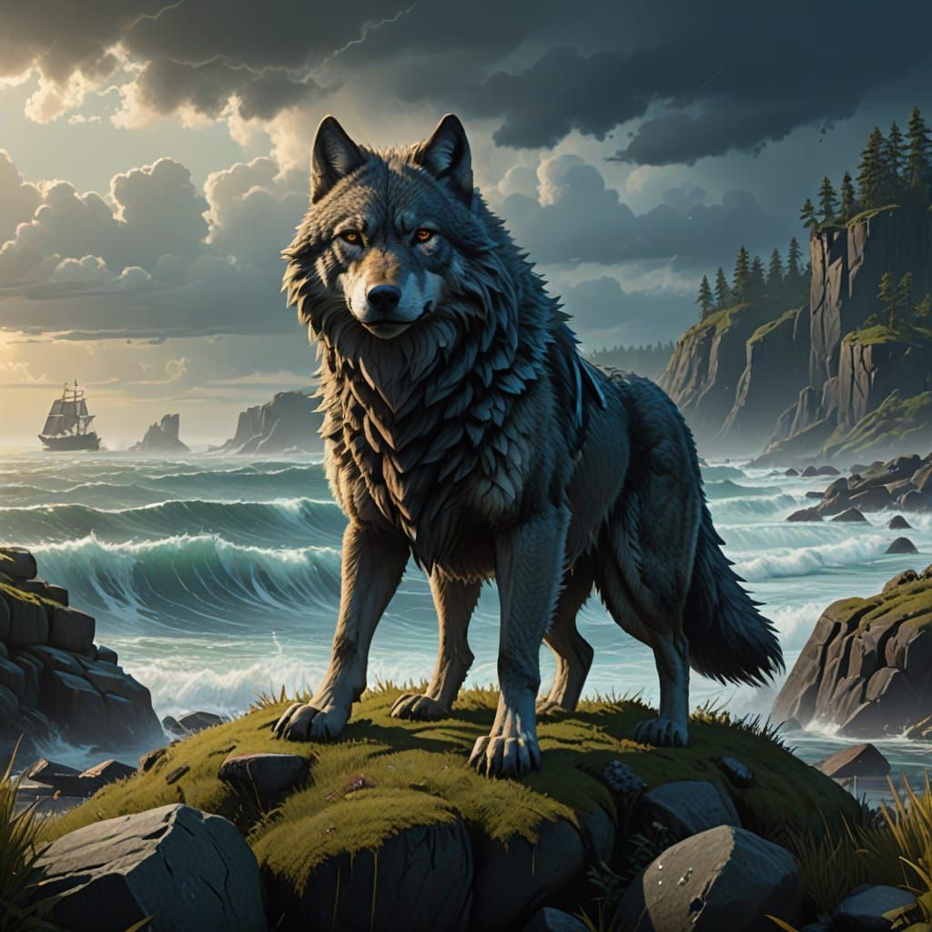 Wolf Standing on Rock, Gazing at Stormy Ocean in Fantasy Con...