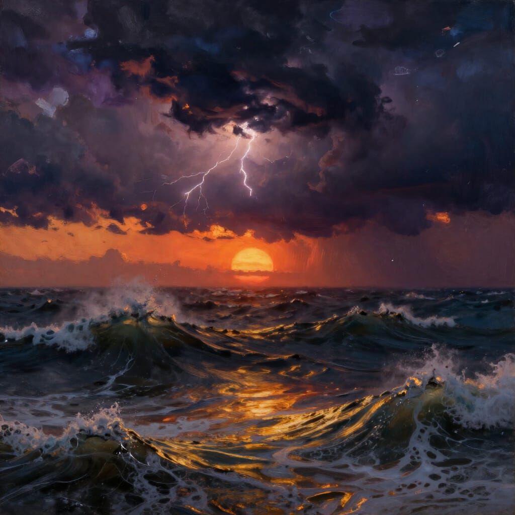 Sunset Storm Meets Turbulent Sea Masterpiece