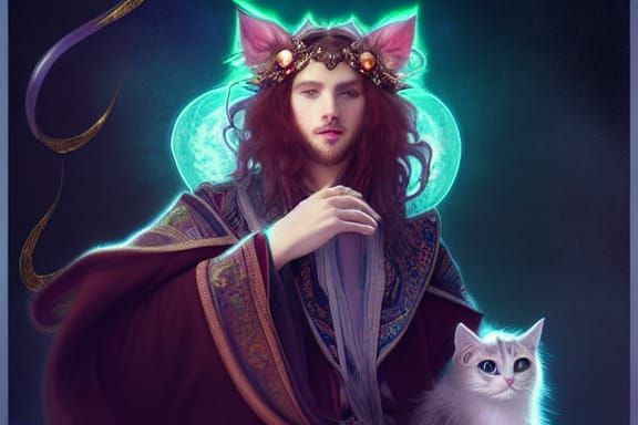 Cat-Eared Wizard with Crystal Wand, Fantasy Portrait