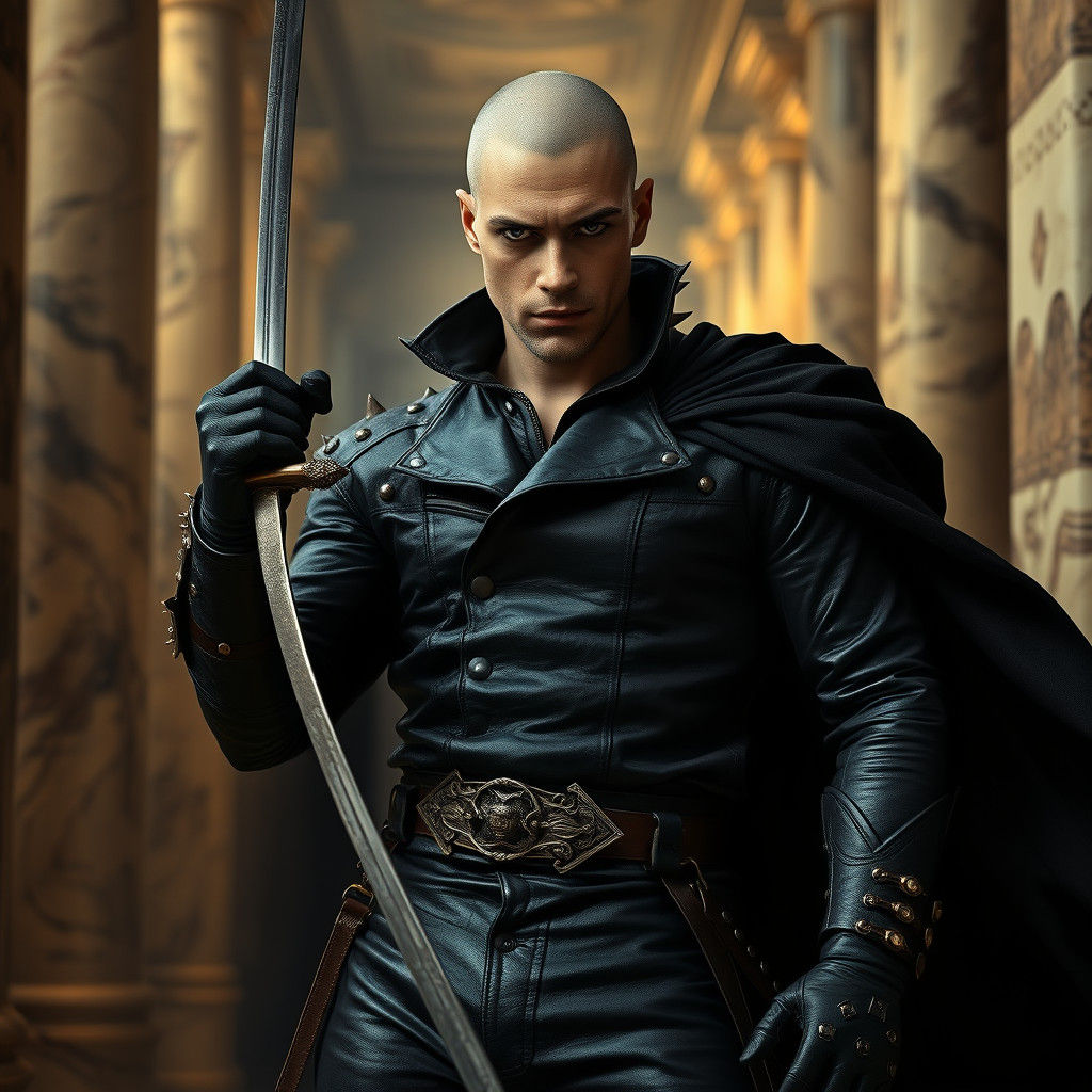 Pale Man with Saber in Baroque Hall