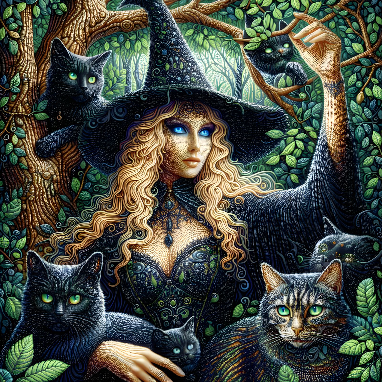 Blonde Witch Conjuring Cats in Hyperrealistic Detail