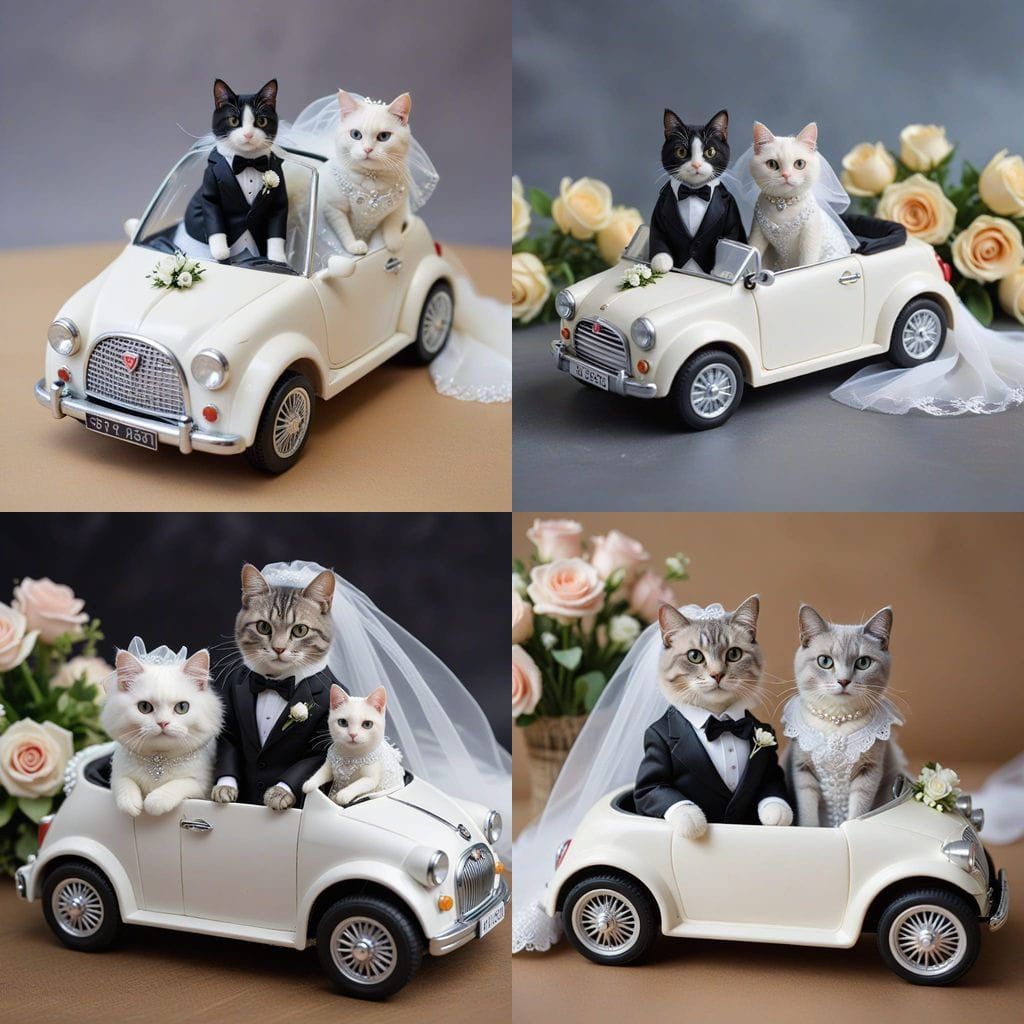 Feline Bride and Groom in Miniature Car