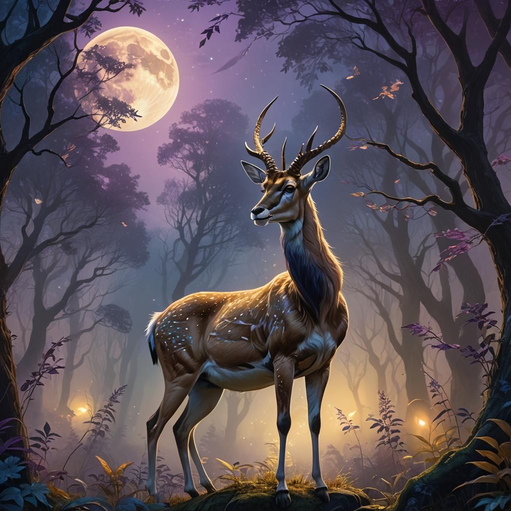Mystical Mdm Gazelle in Moonlit Forest