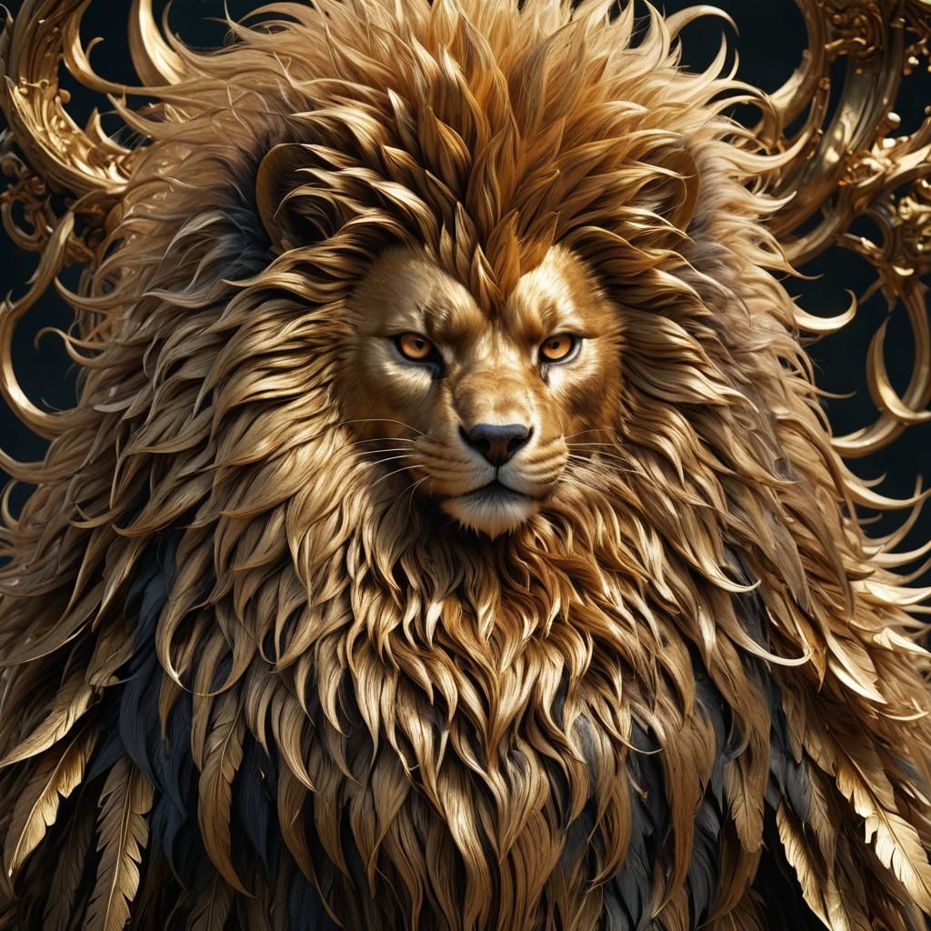 Golden Lion with Fluffy Mane, Detailed Fantasy Art