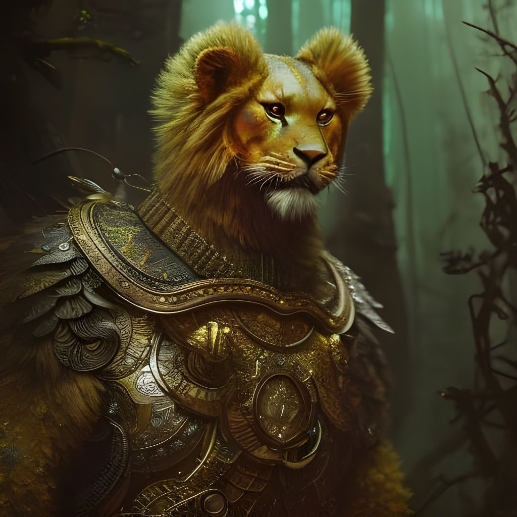 Armored Anthropomorphic Liger Portrait in Jungle