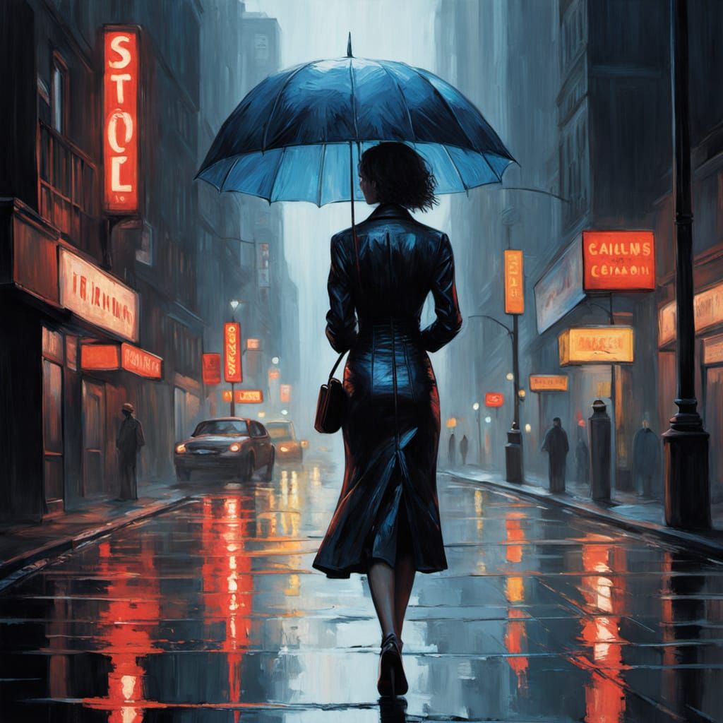 Elegant Woman in Rainy Metropolis Nightscape