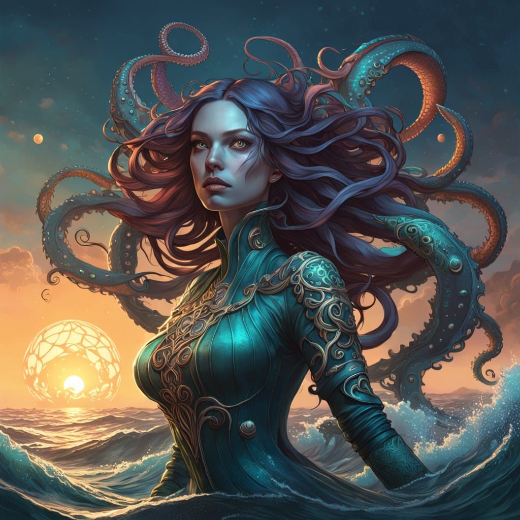 Kraken Girl Floating on Ocean at Sunset