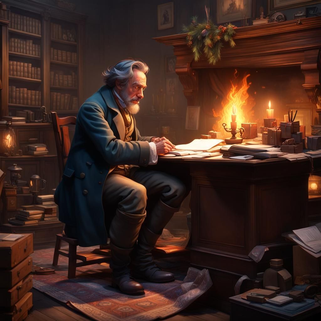 Bob Cratchit sitting at his desk by the dim fire at Scrooge and Marley's, A Christmas Carol, Charles Dickens, head and ...