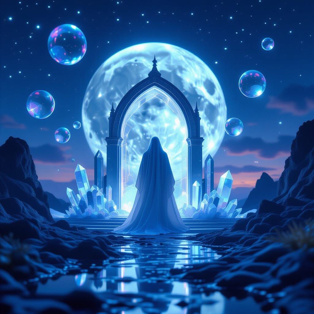 Crystalline Lunar Citadel with Ghostly Figure in Dreamlike R...