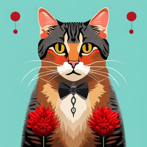 Pop Art Silver Torbie Cat with Red Flowers