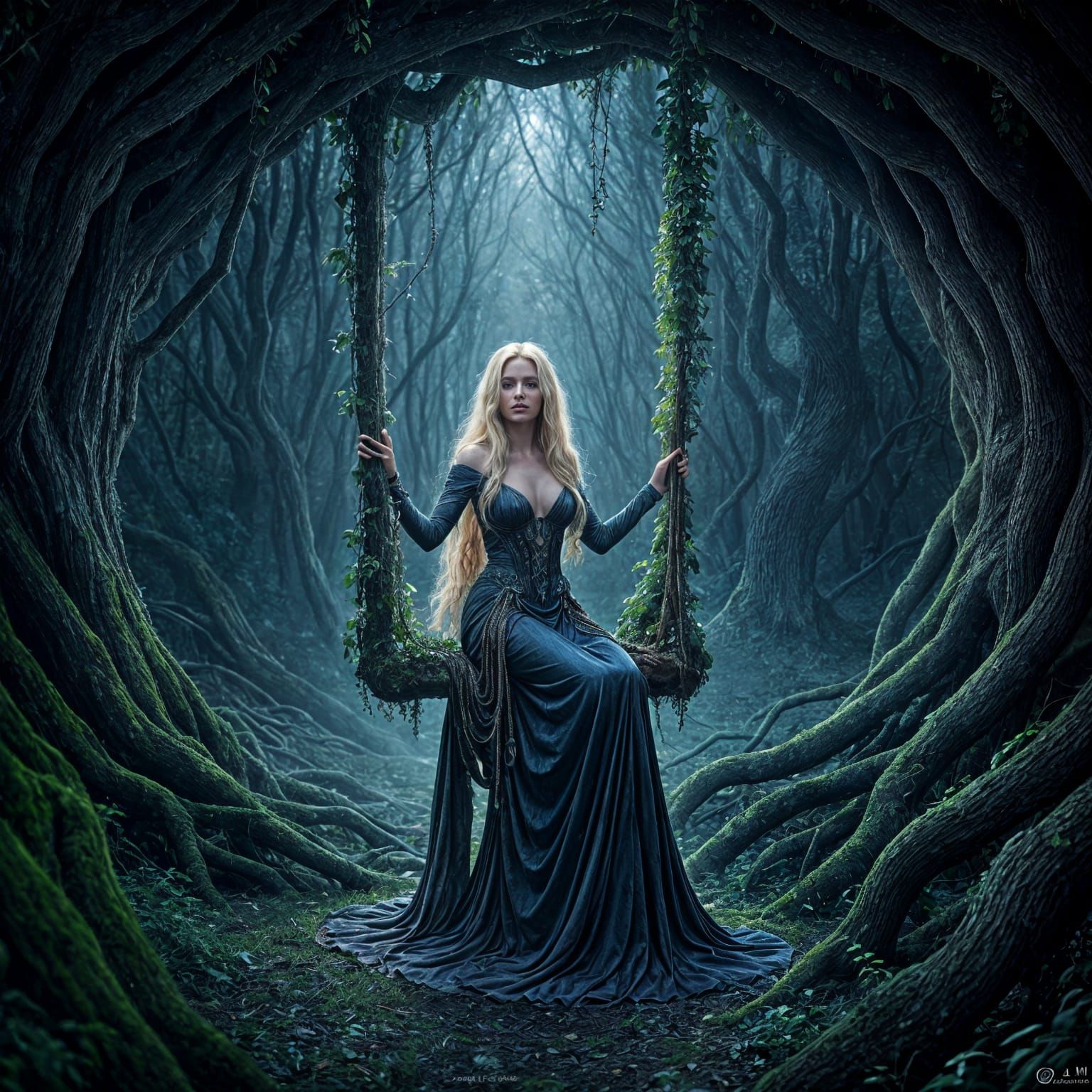 Ethereal Woman on Velvet Swing in Bioluminescent Grove