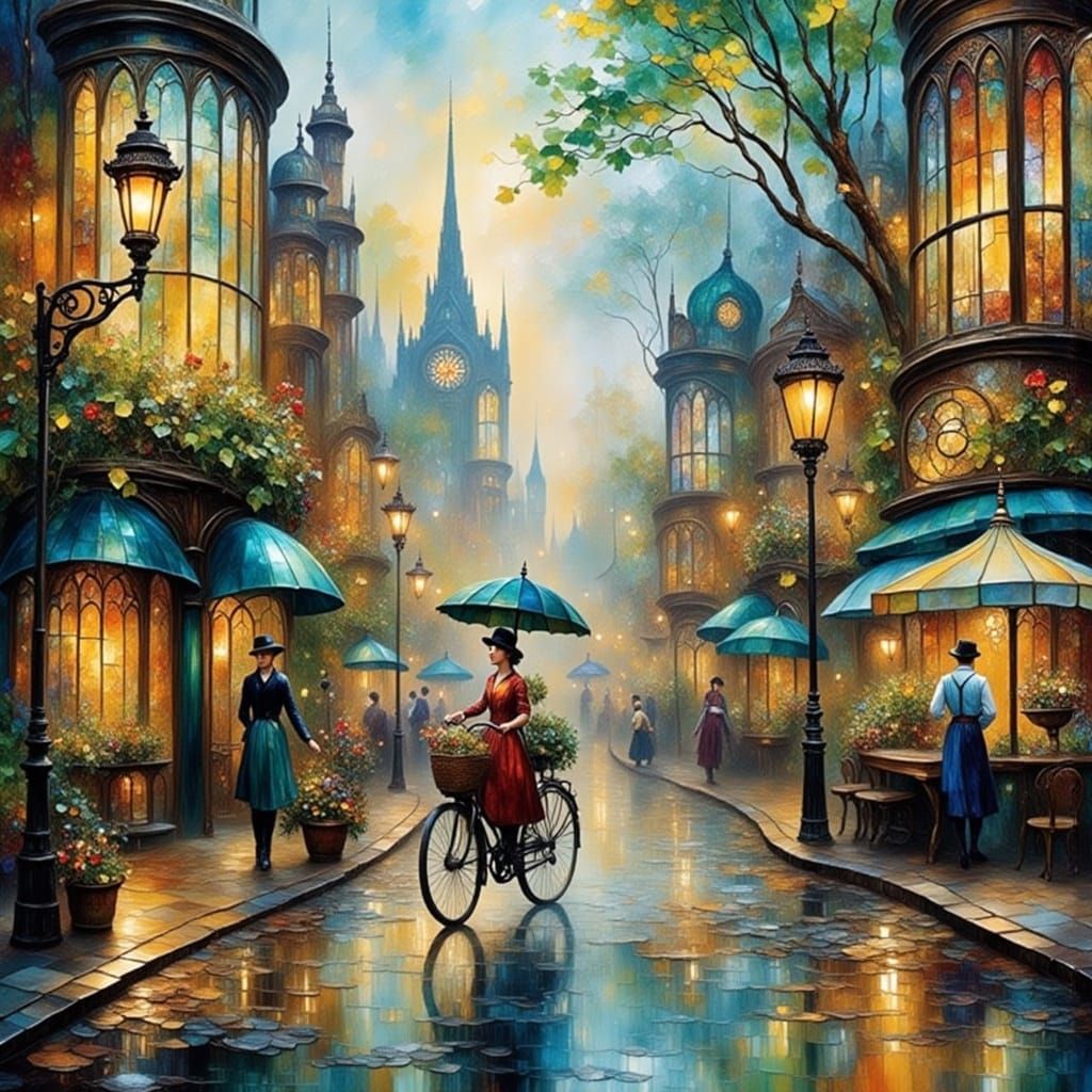 Victorian London Street Scene with Stained Glass