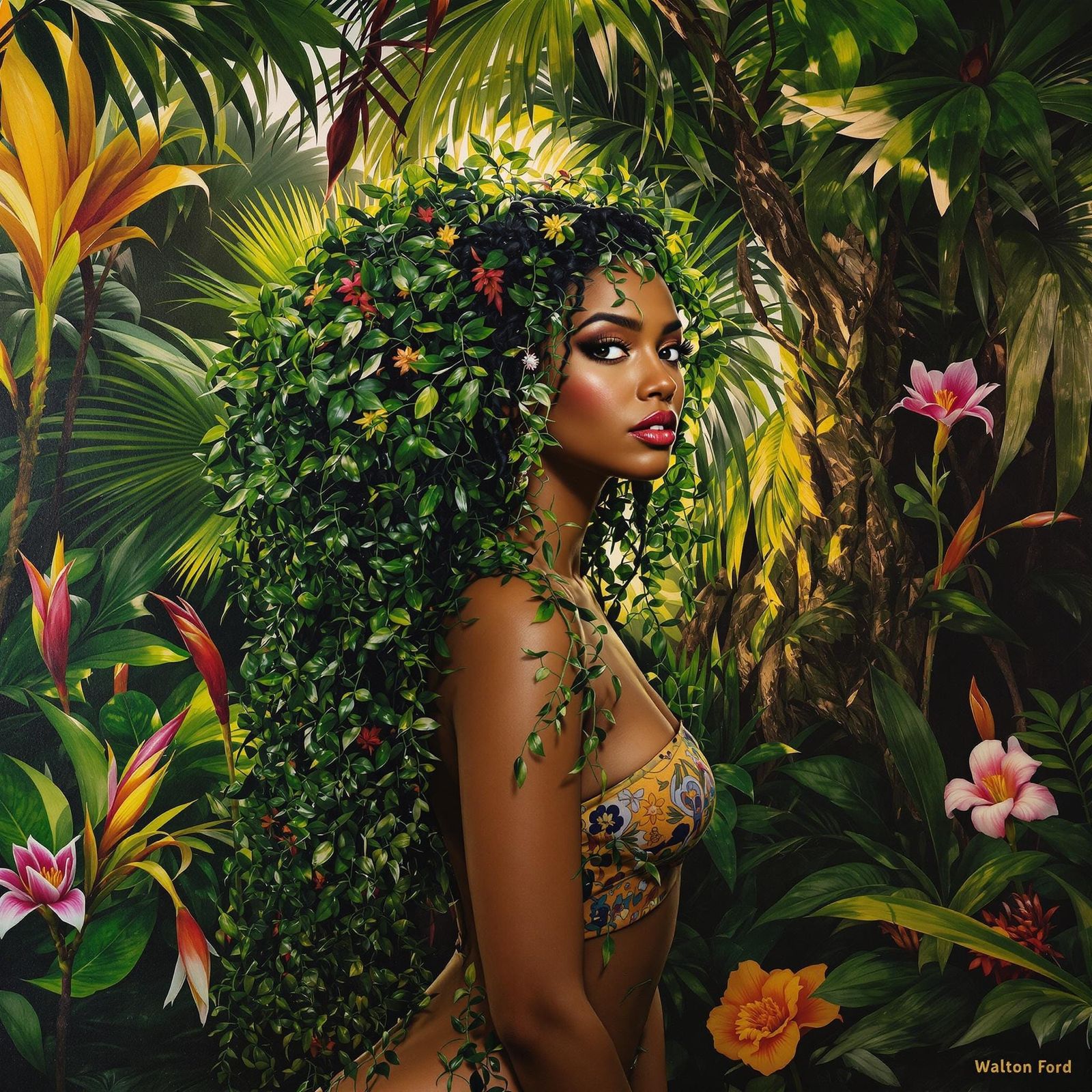 Exotic Jungle Goddess in Vibrant Floral Crown