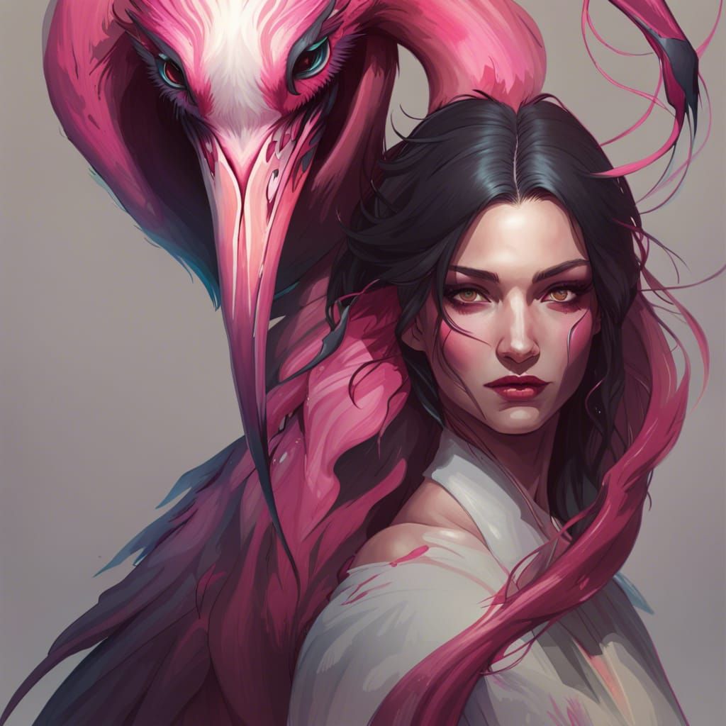 Evil Girl with Flamingo Demon, Art Nouveau Portrait