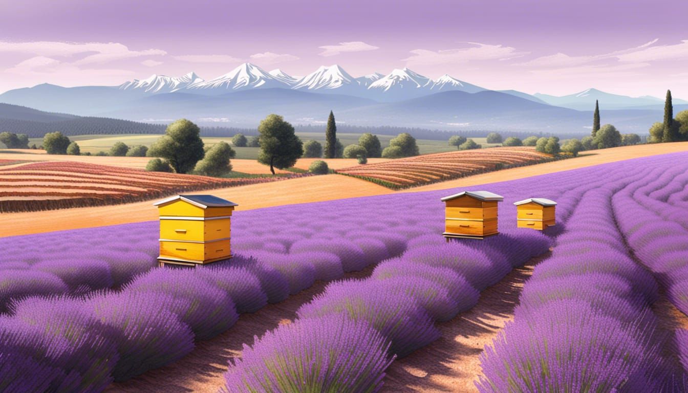 Beehives in Lavender Field: Hyperrealistic Farm Scene
