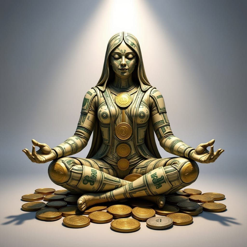 Meditating Woman Sculpture of Currency and Coins