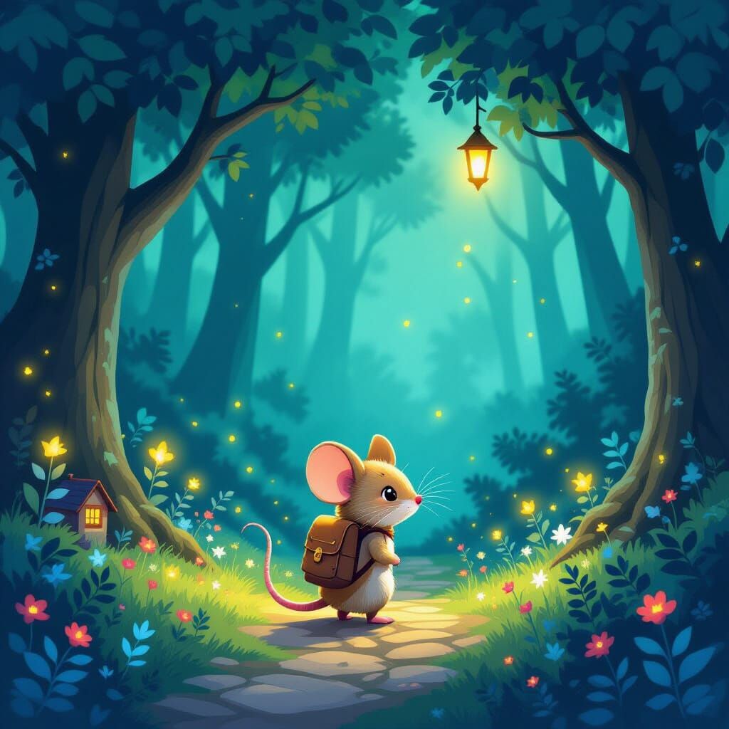 Magical Forest Path with Whimsical Mouse Illustration