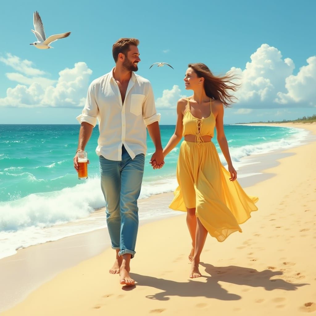 Couple's Serene Beach Stroll in Realistic Art Style