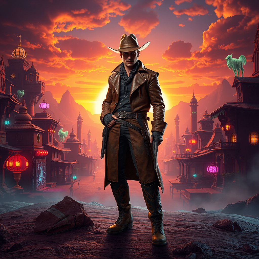 Heroic Cowboy in Mystical Desert Town