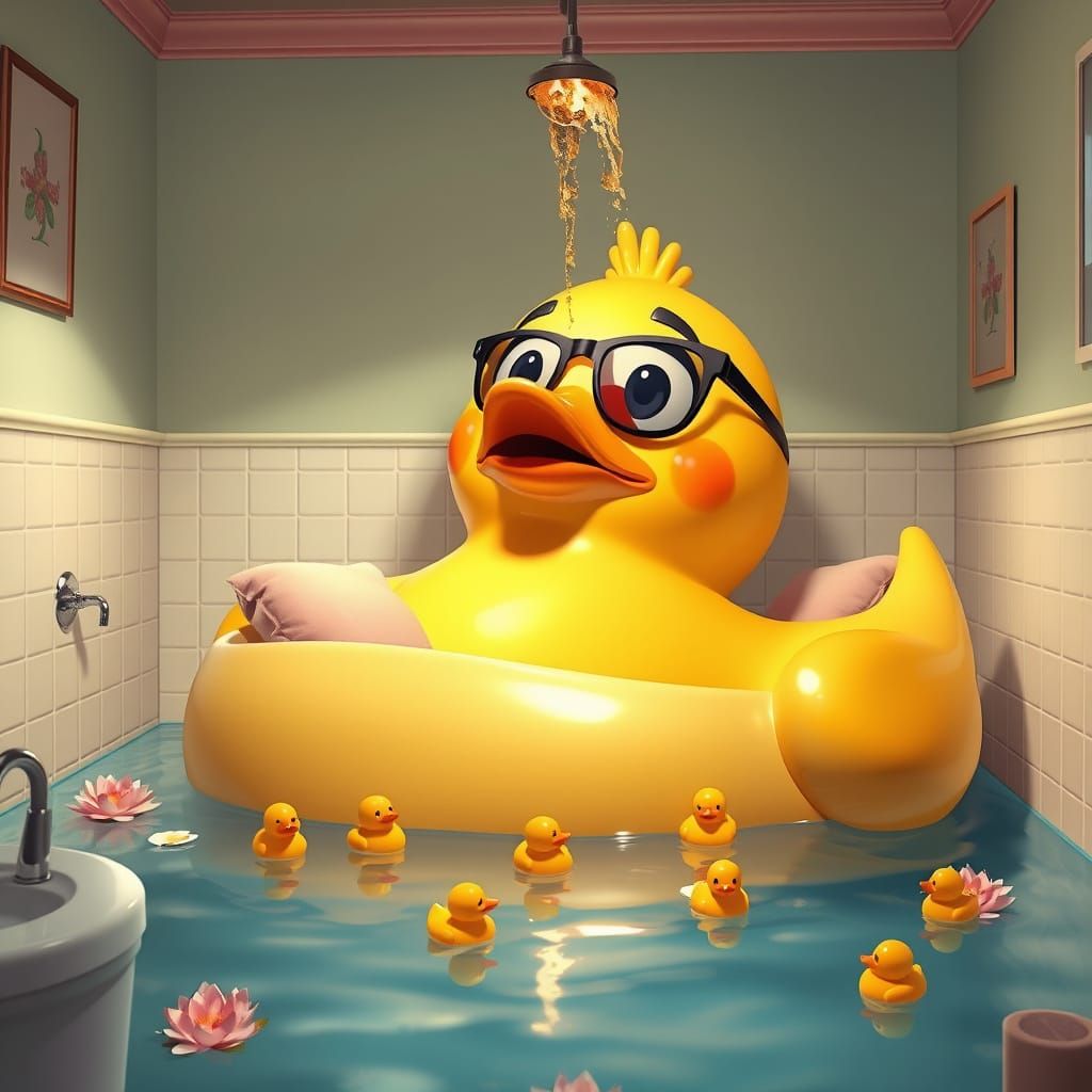 Whimsical Rubber Duck Bathroom Oasis in Cyberpunk Aesthetic