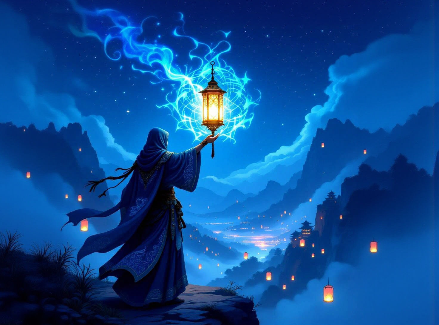 Mystical Warrior With Magic Lantern Over Starlit Valley