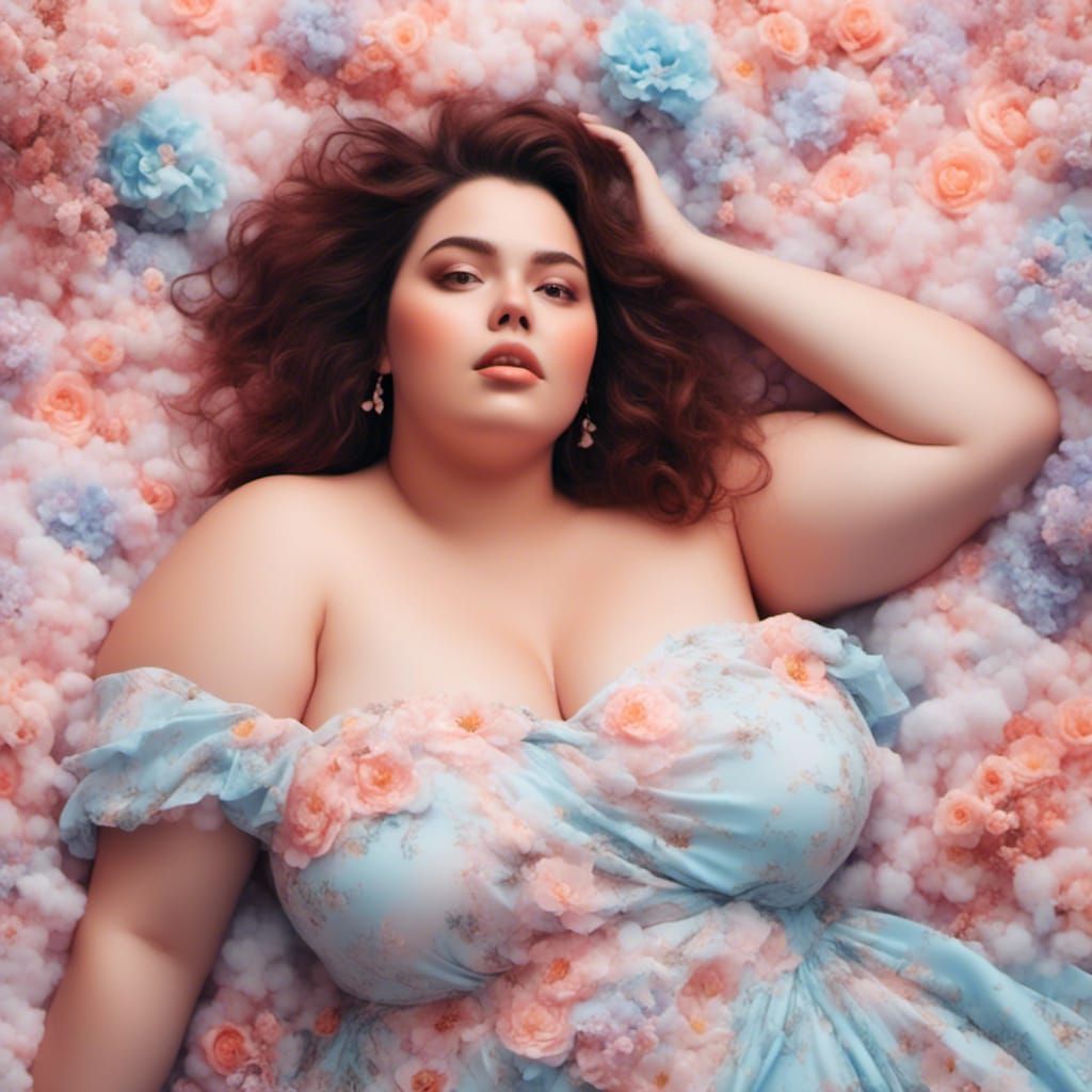 Hyperrealistic Plus Size Woman in Pastel Bed