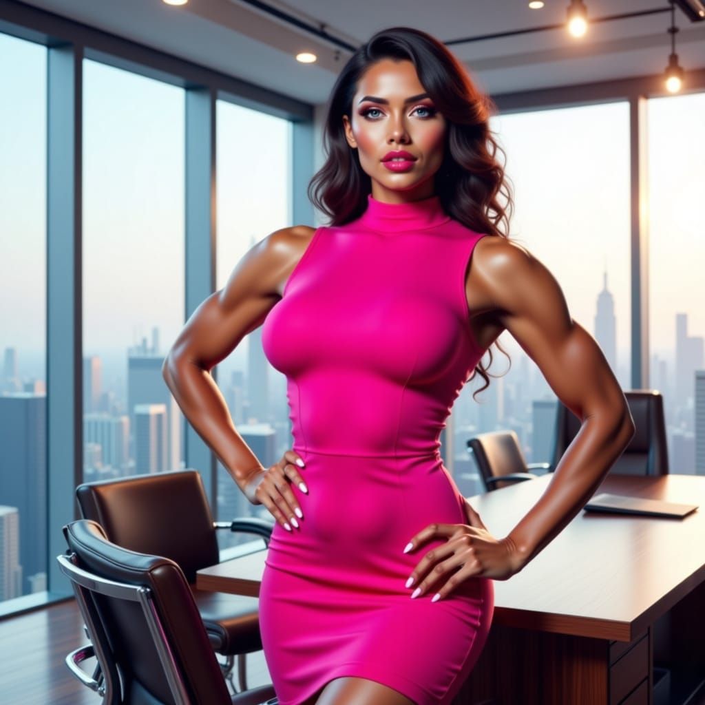 Muscular CEO Poses in Sleek Office, Pin-Up Style