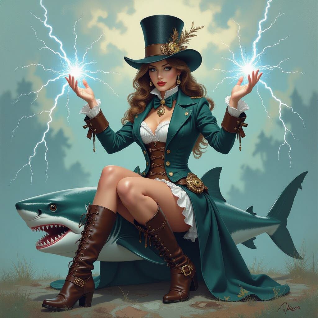 Steampunk Sorceress Summons Clockwork Shark: Fantasy Oil Pai...