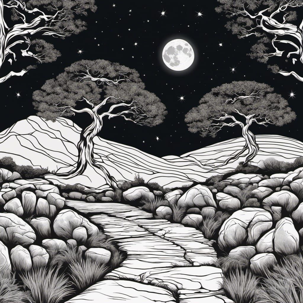 Monochrome Starry Stone Path in Art Brut Style