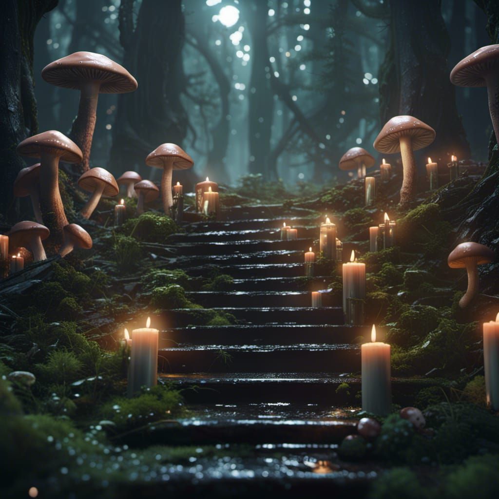 Futuristic Forest Stairway with Cat and Candles
