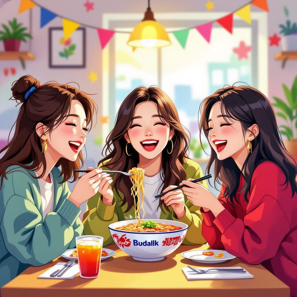 K-Pop Idols Enjoying Spicy Ramen in Vibrant Anime Style