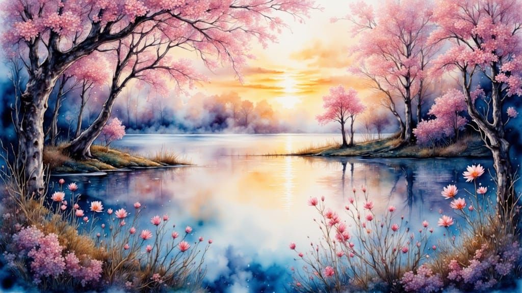 Surreal Watercolor Landscape of a Lake Amidst Mysterious Tre...