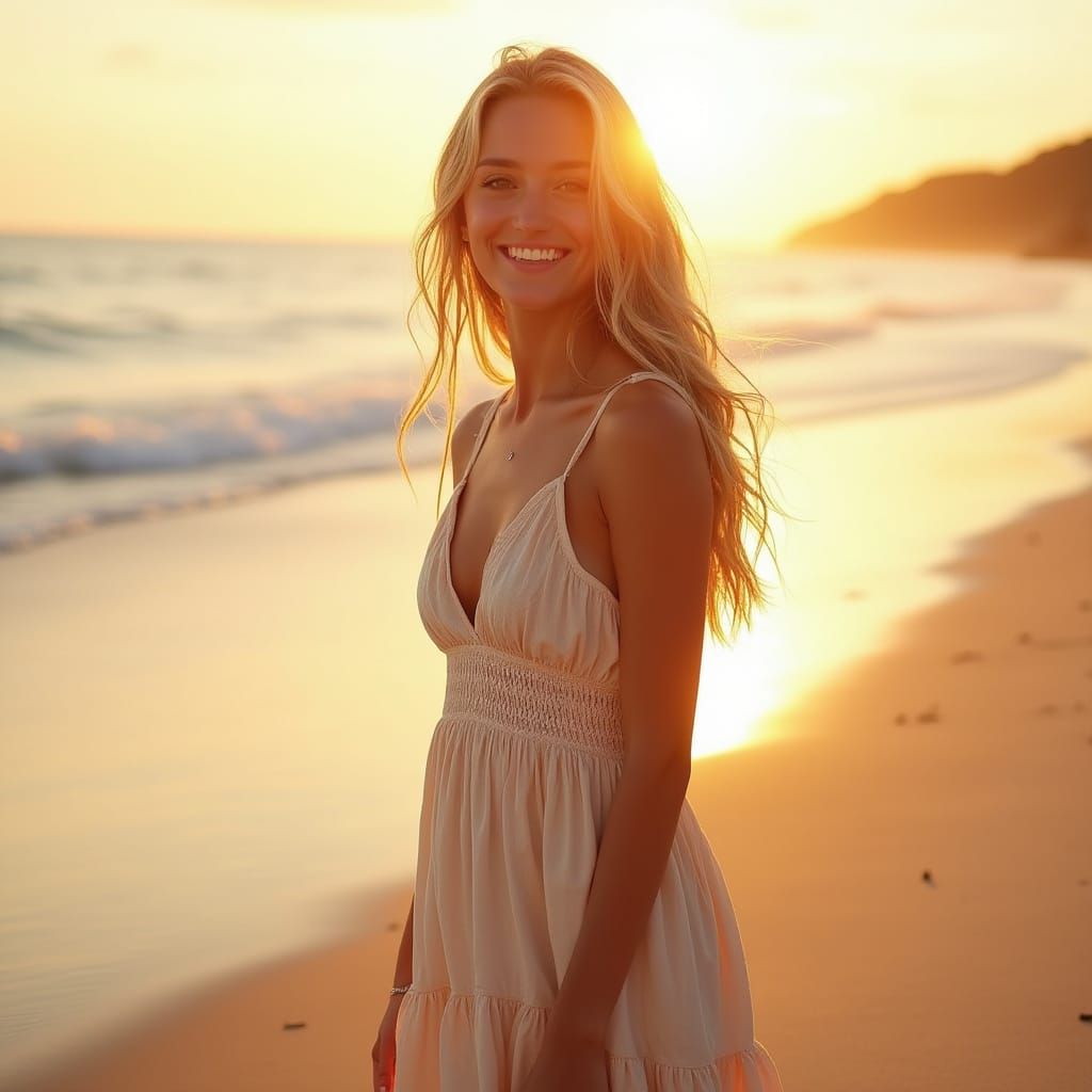 Blond Woman on Beach at Sunrise, Photorealistic Style