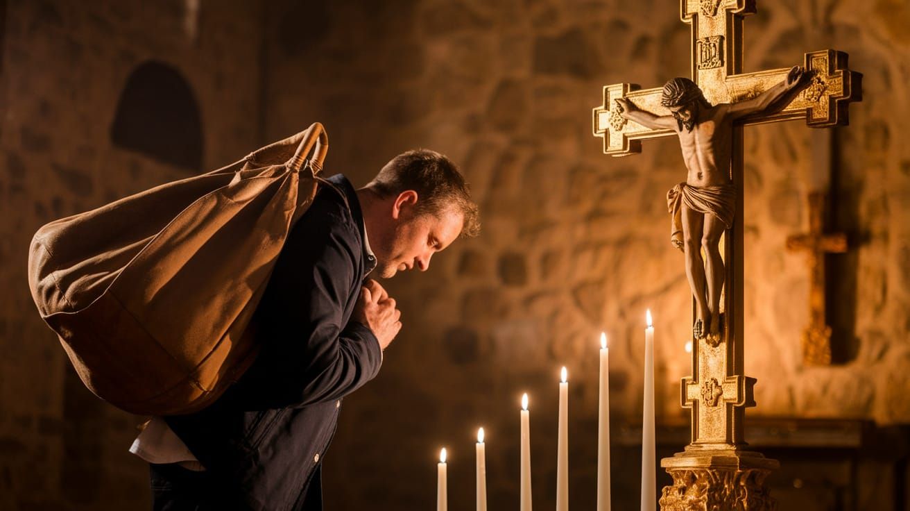 Man in Devout Worship Before Golden Cross in Ancient Chapel
