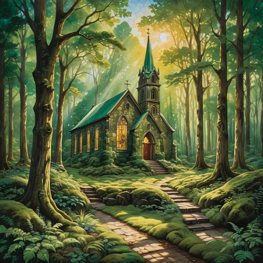 Church in Forest: Serene Sunlight Painting