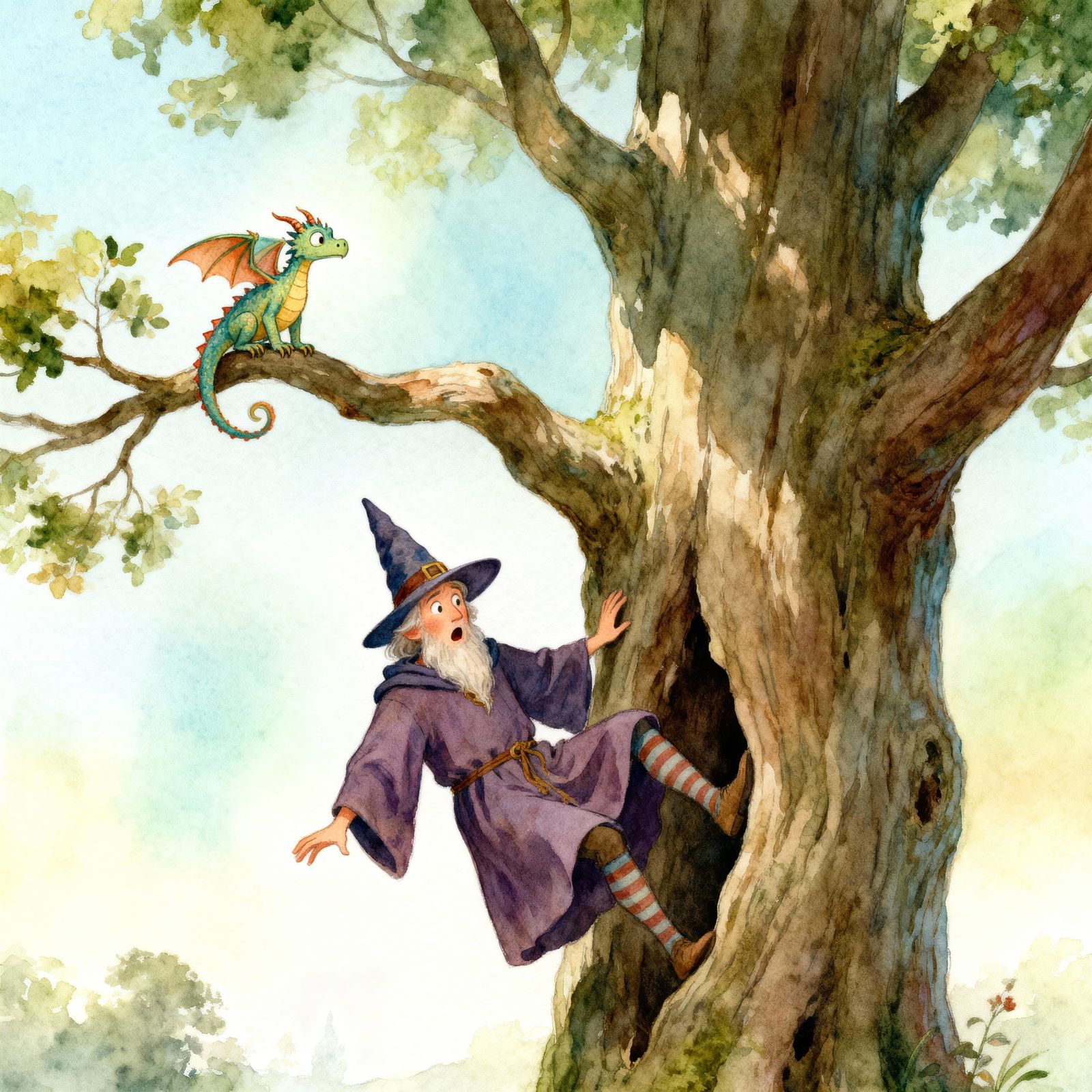 Clumsy Wizard Teleportation Mishap in Watercolor Style