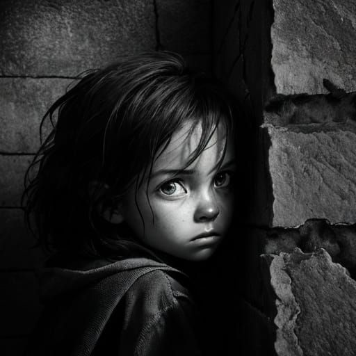 Dramatic Black and White Portrait of a Child Peeking from Wa...