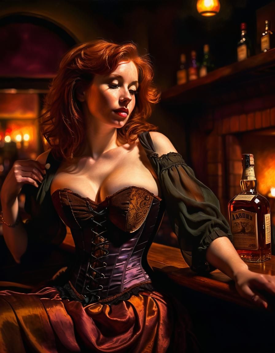 Woman Lounging at Bar in Baroque Style
