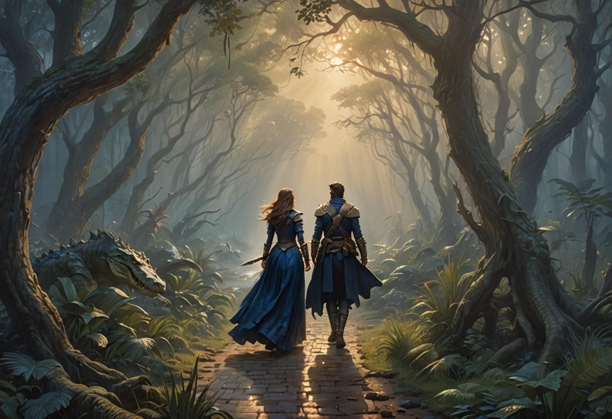 Woman and Crocodile Warrior in Dark Forest