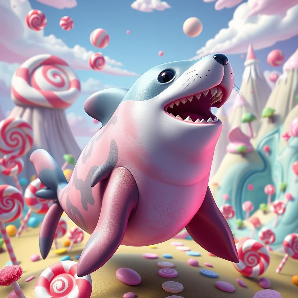 Whimsical Seal-Dog-Human Hybrid in Candyland