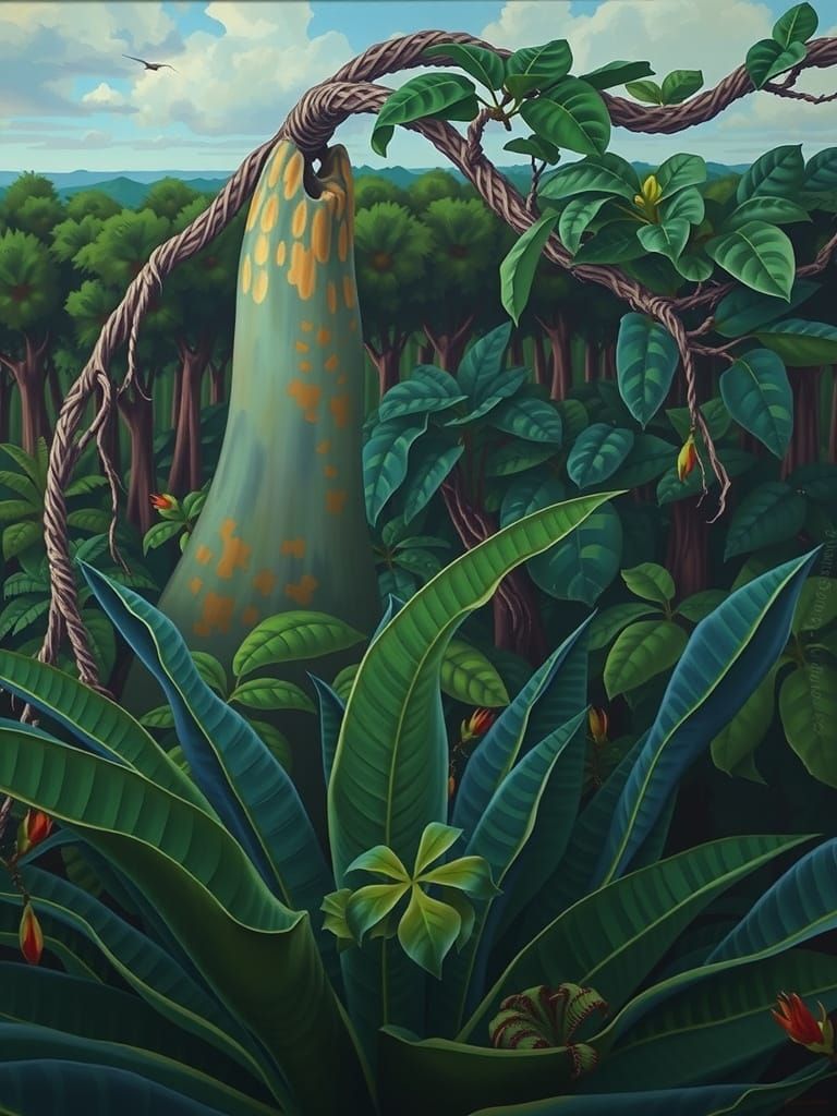 Lush Mexican Jungle Painting in Neo-Primitivism Style