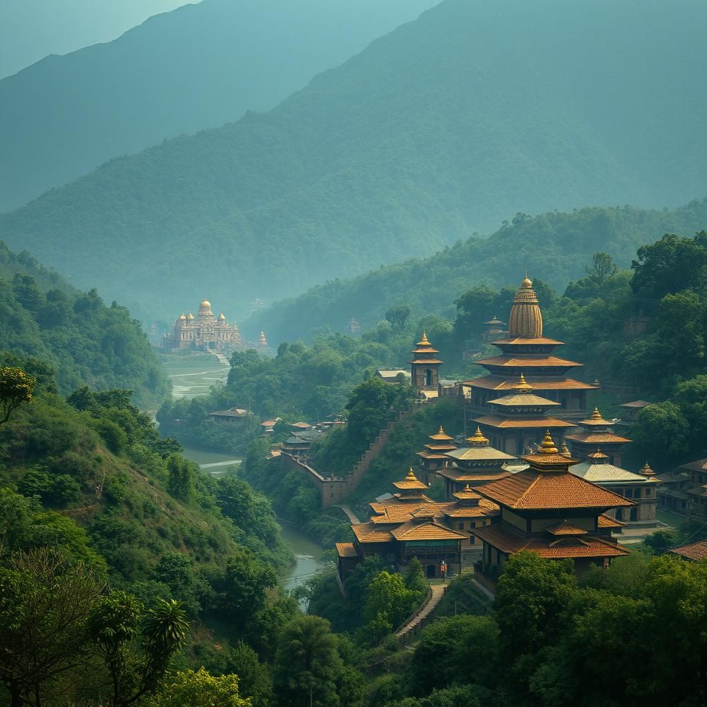Flooded Kathmandu Valley in Dreamlike Cinematic Style
