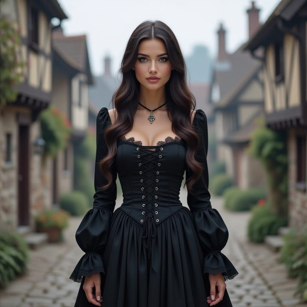 Gothic Woman in Medieval Village, Inspired by Loish