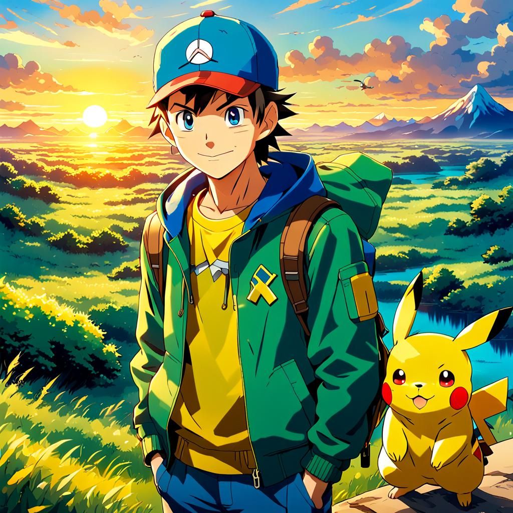 Pokémon Trainer and Pikachu Watch Sunset: Anime Style
