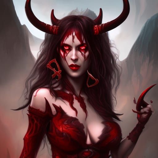 Beautiful Dark Female Demon with Horns