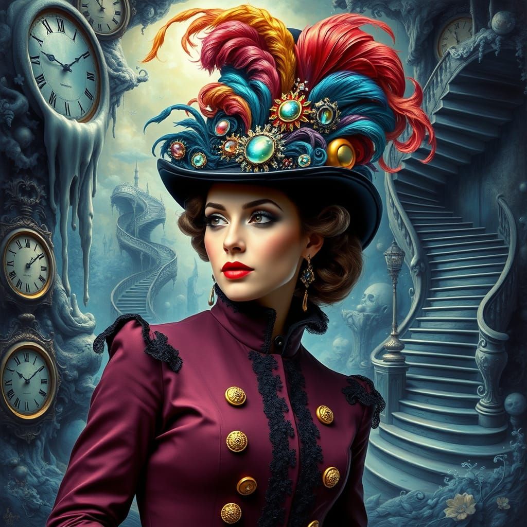 Pop-Surreal Woman in Eerie, Dreamlike Landscape