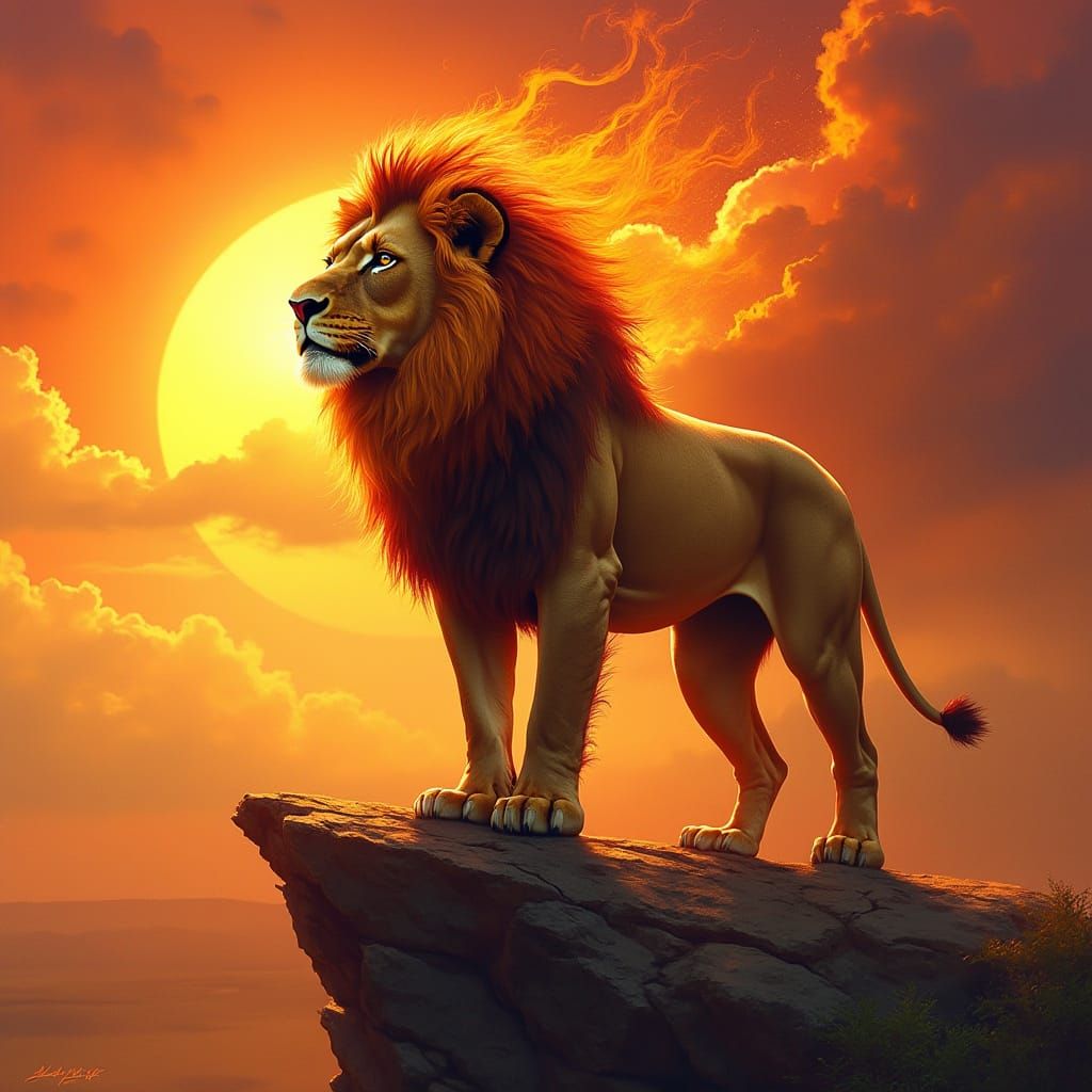 Majestic Lion with Fiery Mane on Cliff Overlooking Savanna