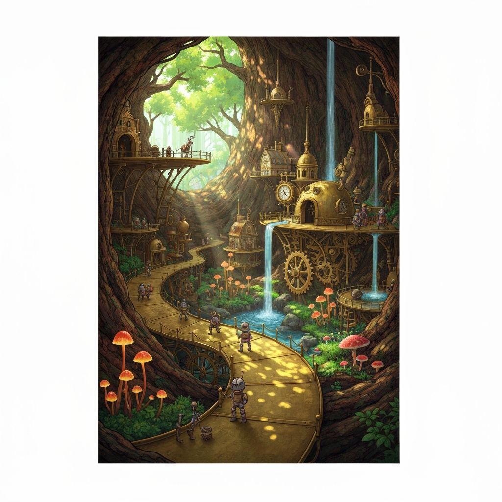 Whimsical Clockwork City in Ancient Tree