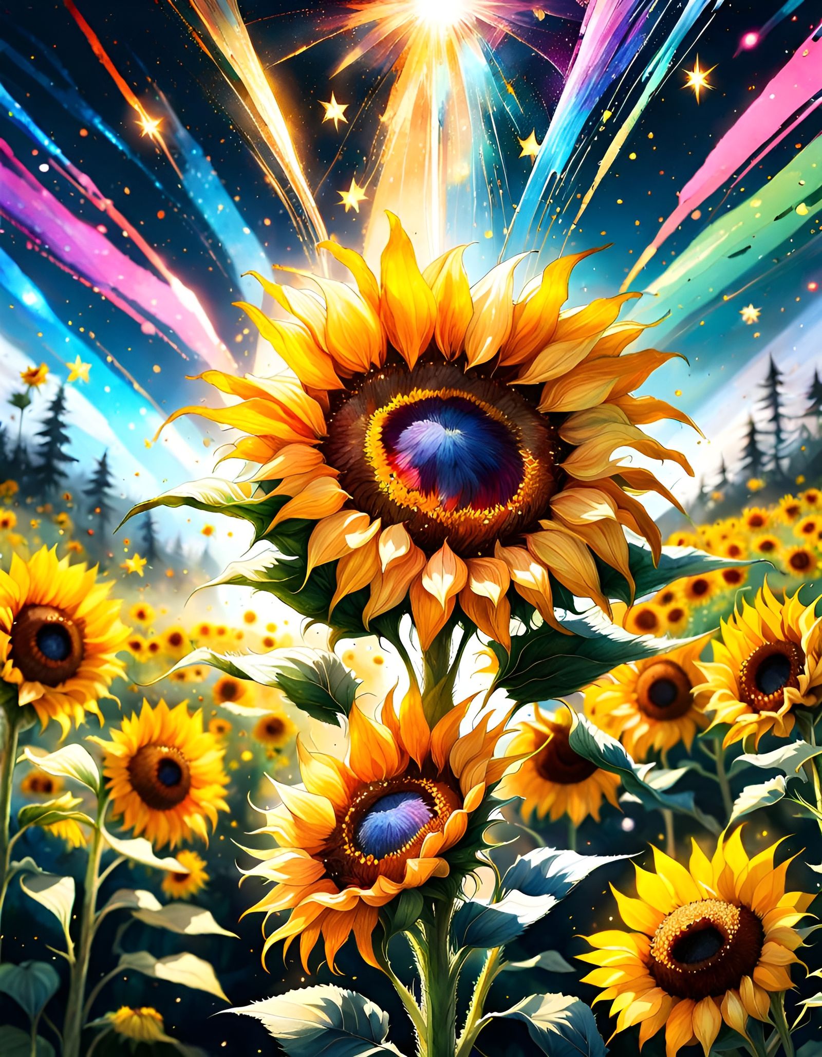Anime Sunflower Field with Star Parrots in Watercolor
